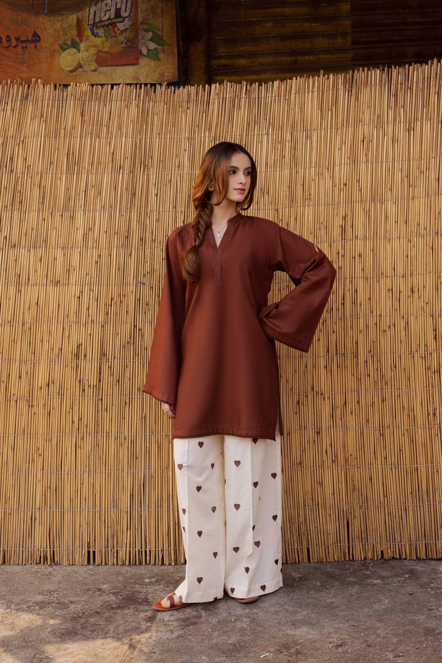 "Hridaya" - Rust Earth Rayon Tunic & Heart-Motif Palazzo Set