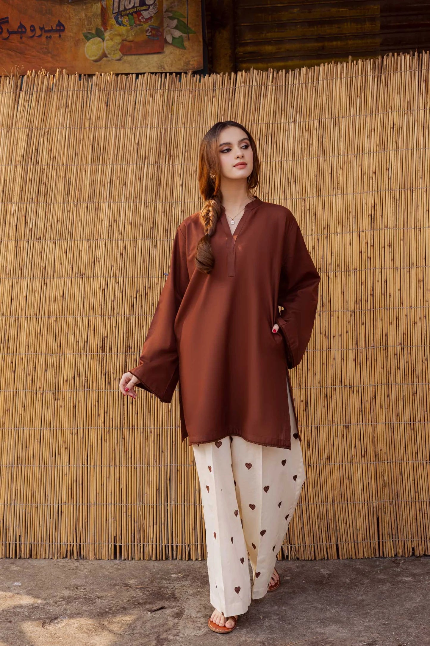 "Hridaya" - Rust Earth Rayon Tunic & Heart-Motif Palazzo Set