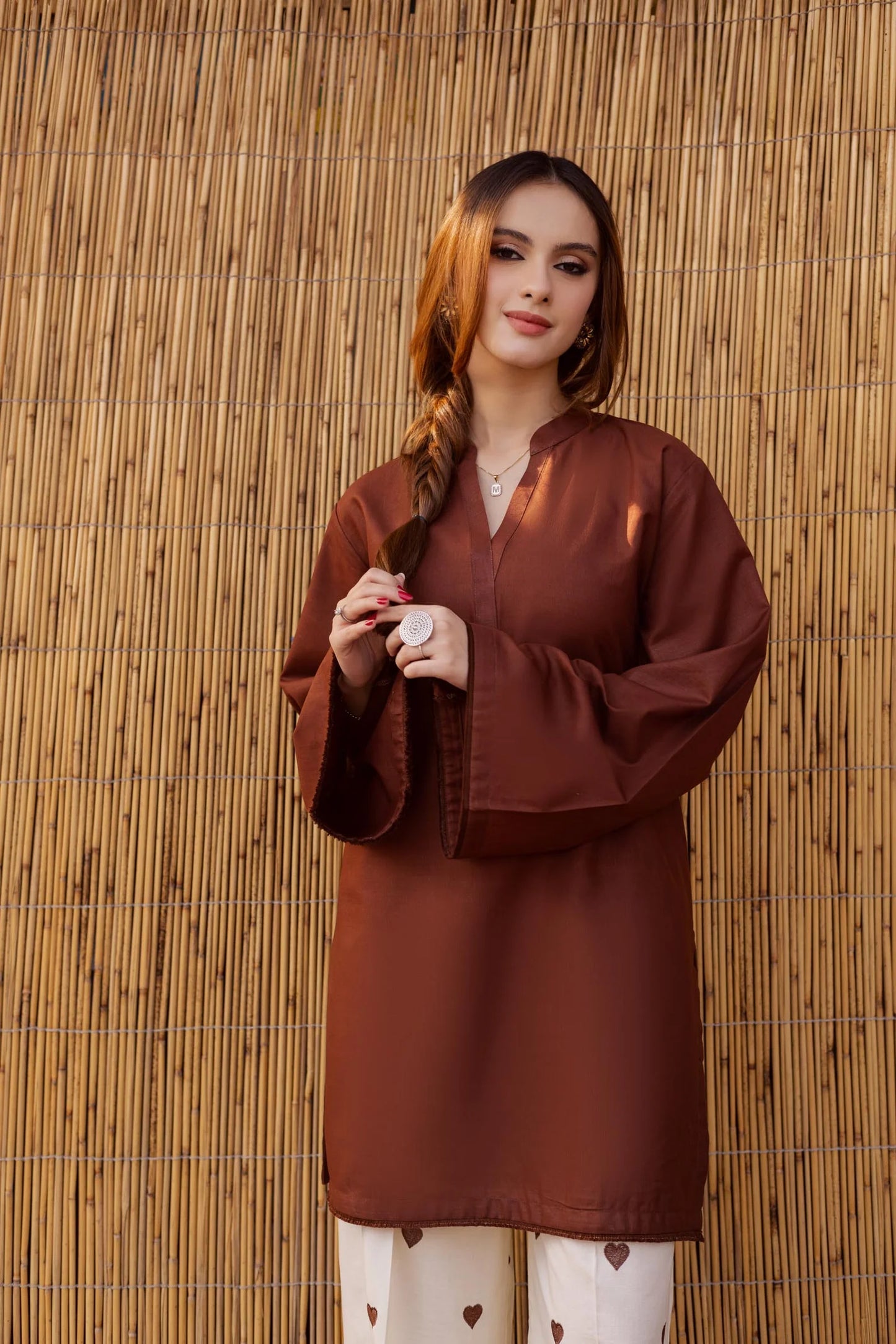 "Hridaya" - Rust Earth Rayon Tunic & Heart-Motif Palazzo Set
