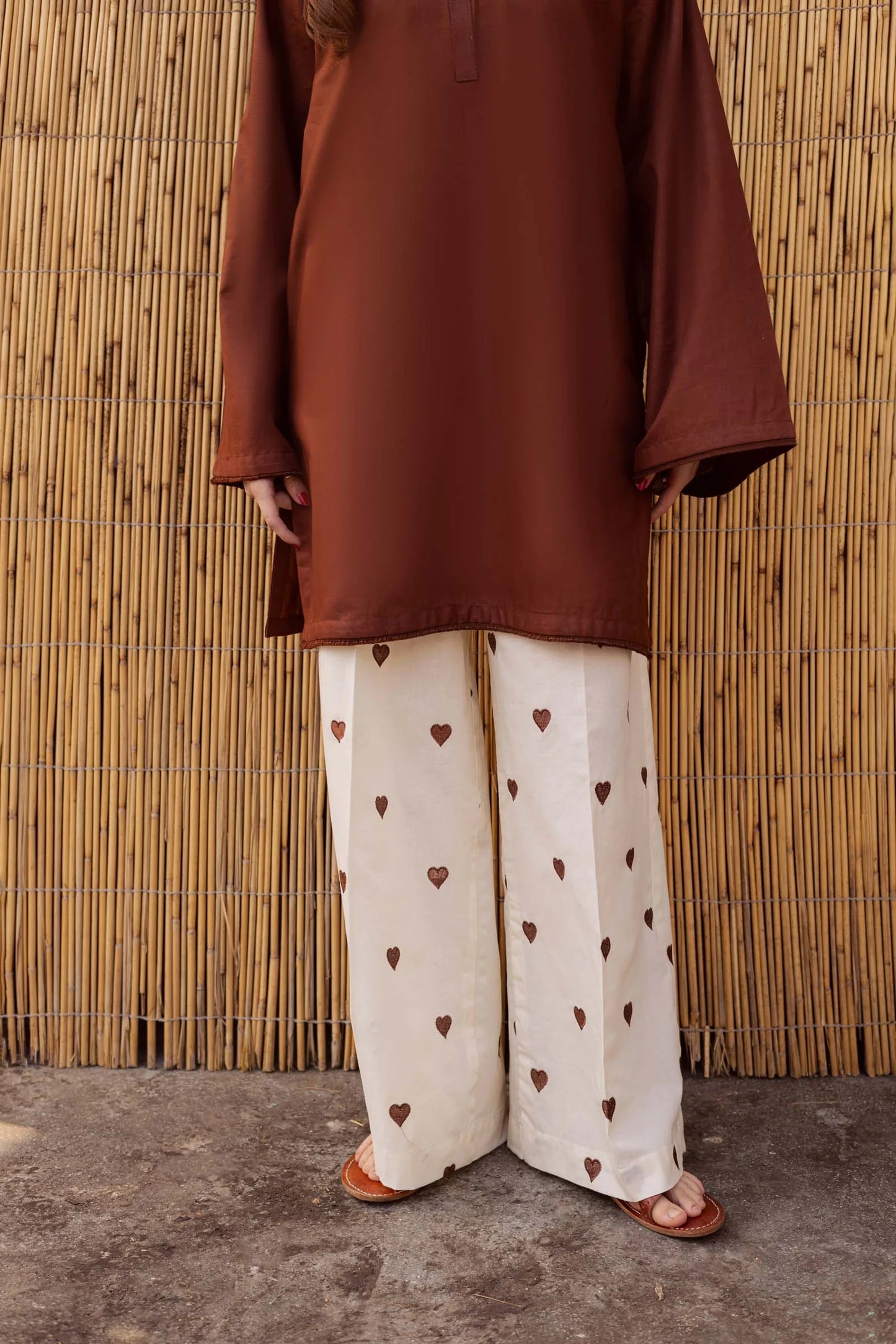 "Hridaya" - Rust Earth Rayon Tunic & Heart-Motif Palazzo Set