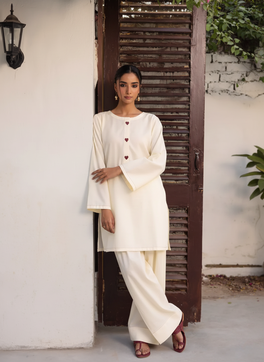 "Safed" - Premium Ivory Cotton Co-ord Set with Heart-Embroidered Placket