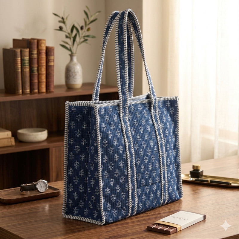 Blue patterned tote bag on a wooden surface with a blurred background