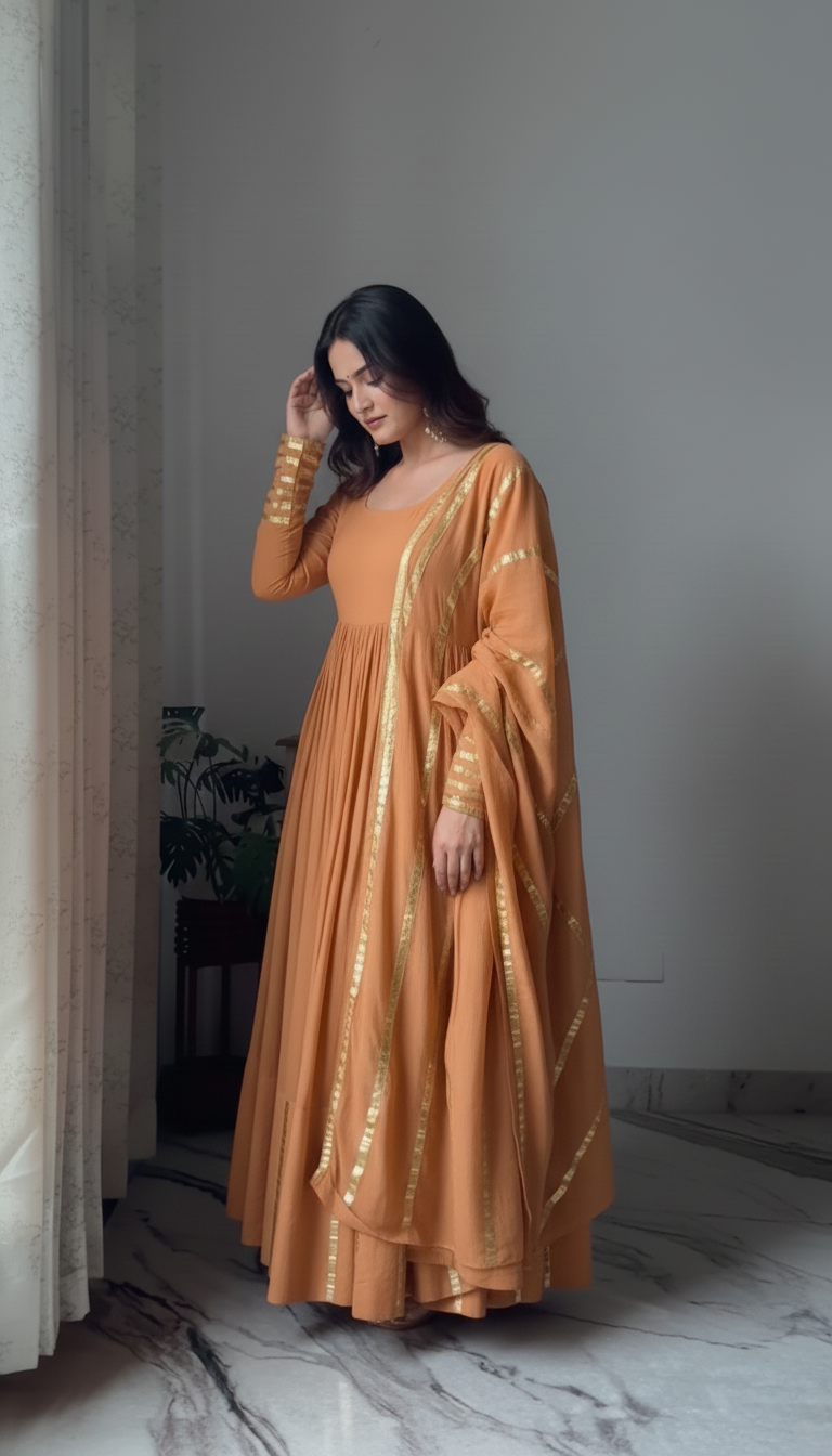 "Nritya" - Mal Cotton Full Flare Anarkali Suit Set with Gota Dupatta