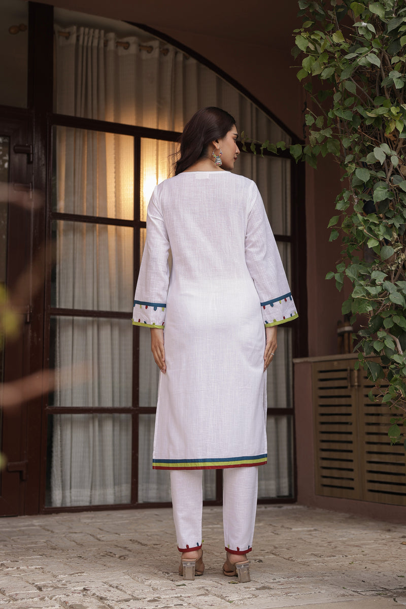 "Kinaara" - White Cotton Kurta Set with Multi-Color Trim