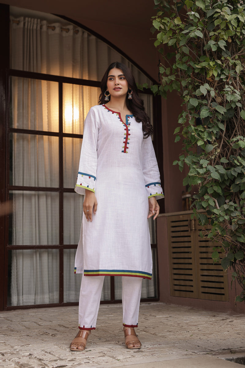 "Kinaara" - White Cotton Kurta Set with Multi-Color Trim