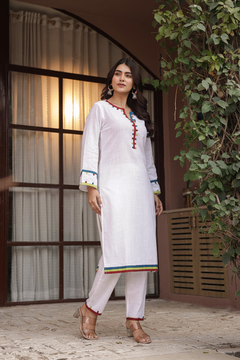 "Kinaara" - White Cotton Kurta Set with Multi-Color Trim