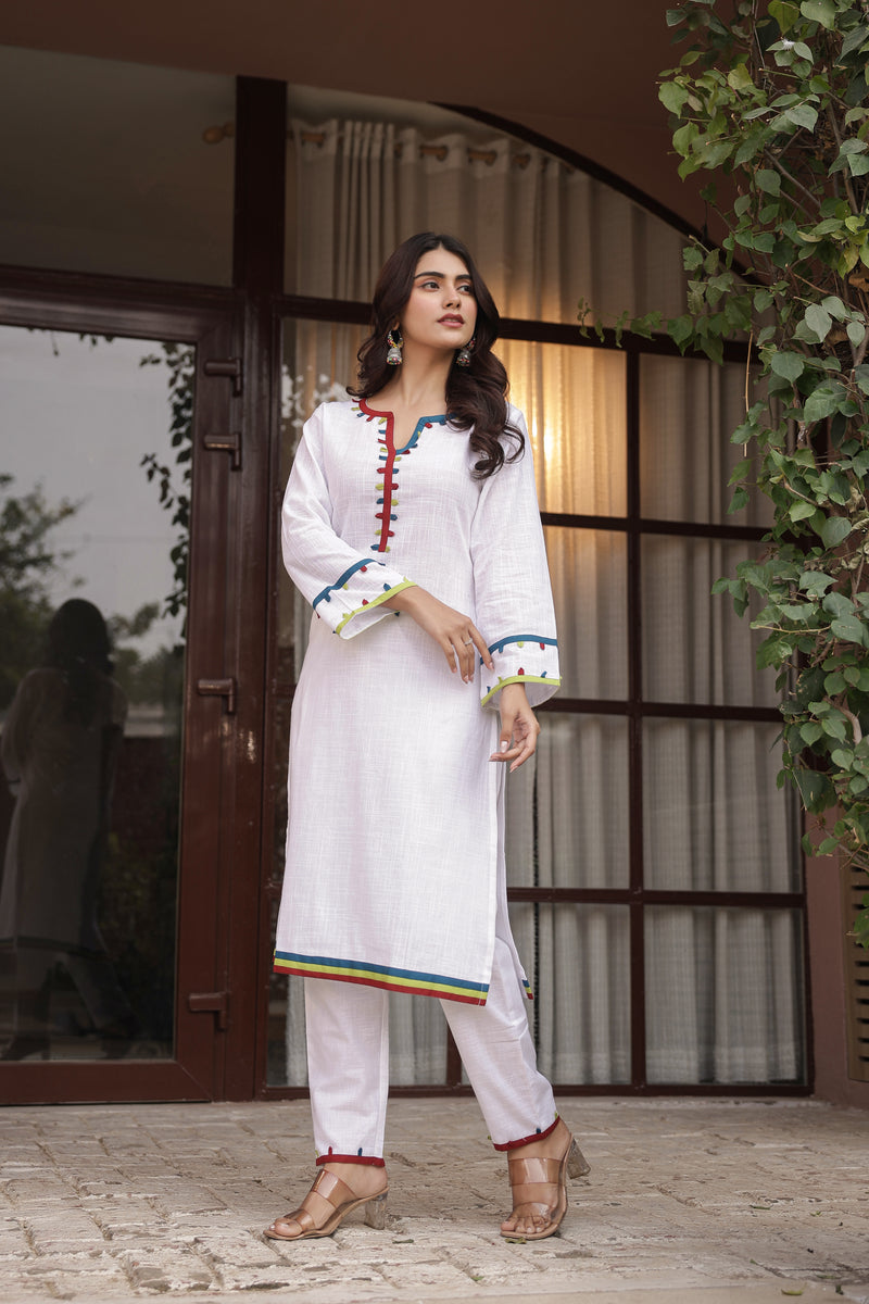 "Kinaara" - White Cotton Kurta Set with Multi-Color Trim
