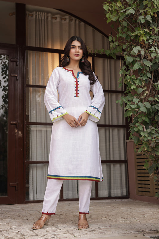 "Kinaara" - White Cotton Kurta Set with Multi-Color Trim