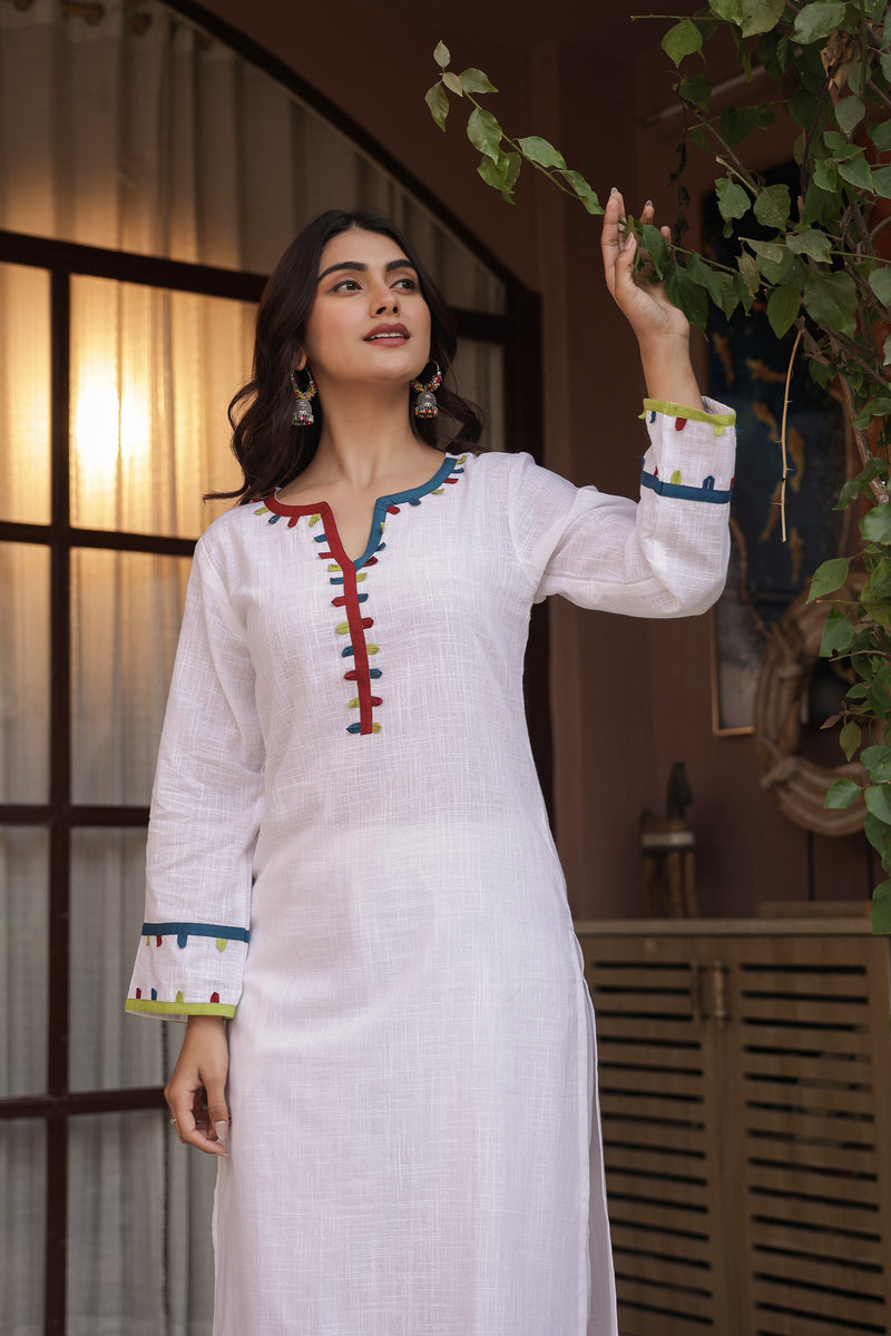 "Kinaara" - White Cotton Kurta Set with Multi-Color Trim