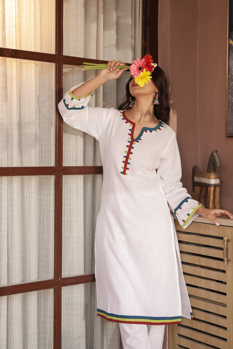 "Kinaara" - White Cotton Kurta Set with Multi-Color Trim