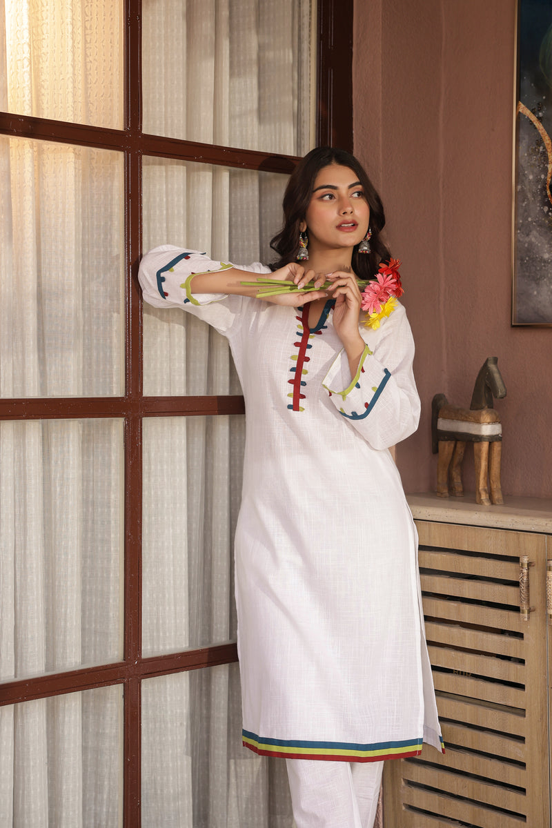 "Kinaara" - White Cotton Kurta Set with Multi-Color Trim