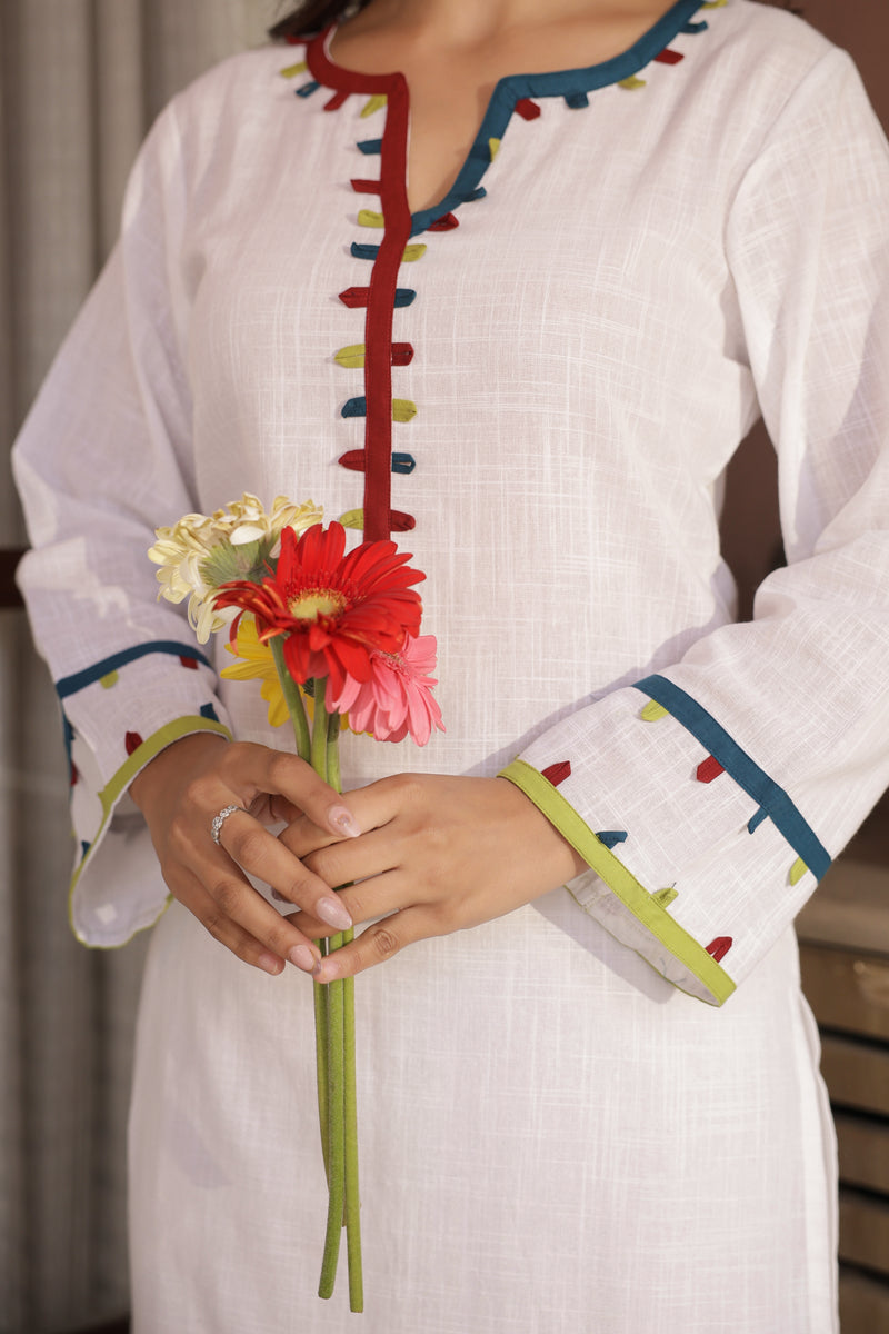"Kinaara" - White Cotton Kurta Set with Multi-Color Trim