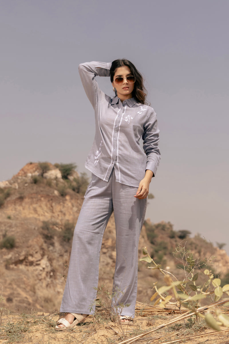 TARINI Embroidered Airy Linen Co-ord Set for Women | Shirt & Pant Set | Dhirai