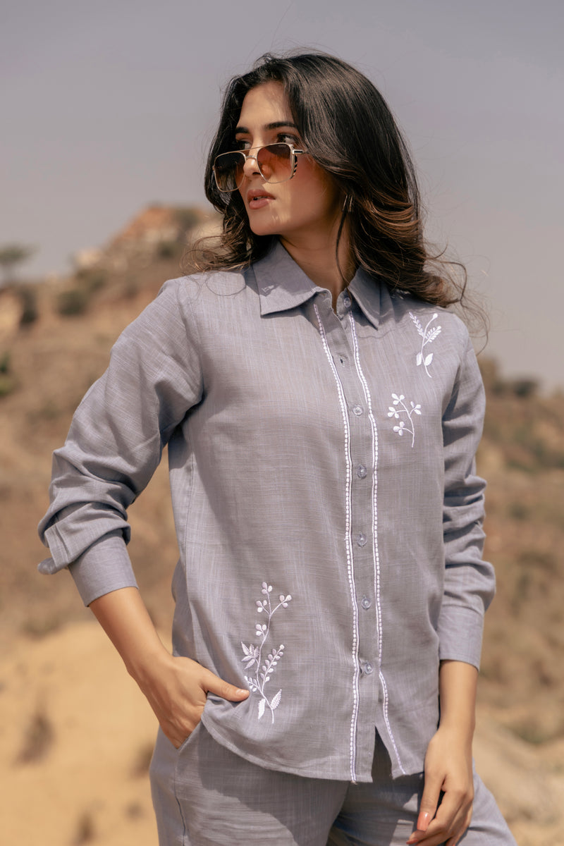 TARINI Embroidered Airy Linen Co-ord Set for Women | Shirt & Pant Set | Dhirai