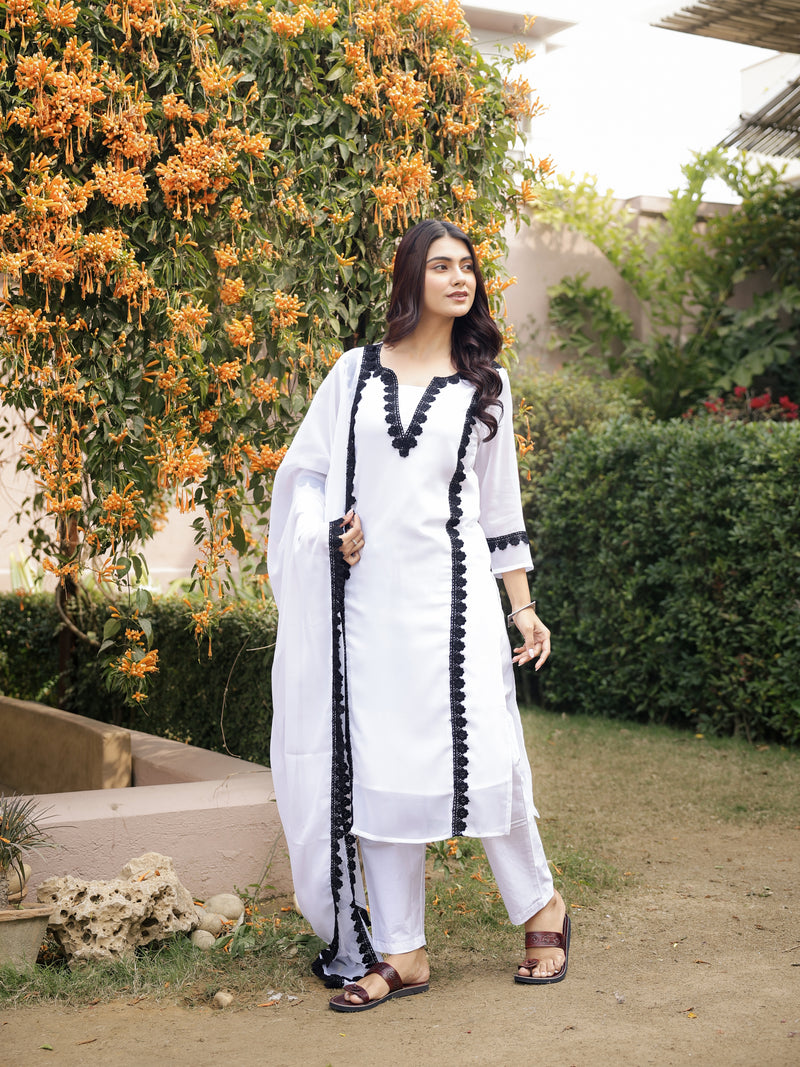 "Nidra" - Jet Black Premium Georgette Suit Set with Ruby Red Lace