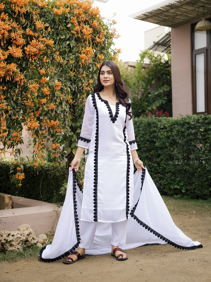 "Nidra" - Jet Black Premium Georgette Suit Set with Ruby Red Lace
