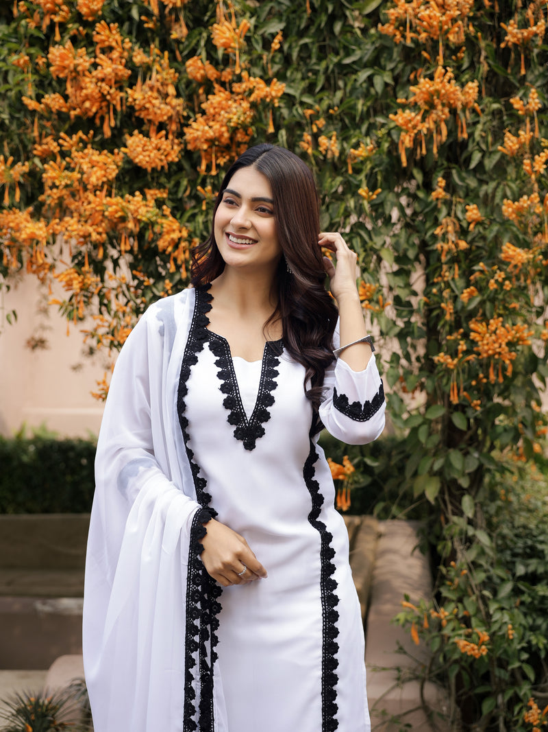 "Nidra" - Jet Black Premium Georgette Suit Set with Ruby Red Lace