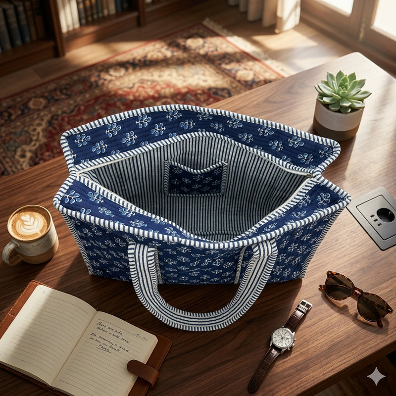 Blue patterned tote bag on a wooden table with a cup of coffee, notebook, watch, and sunglasses.