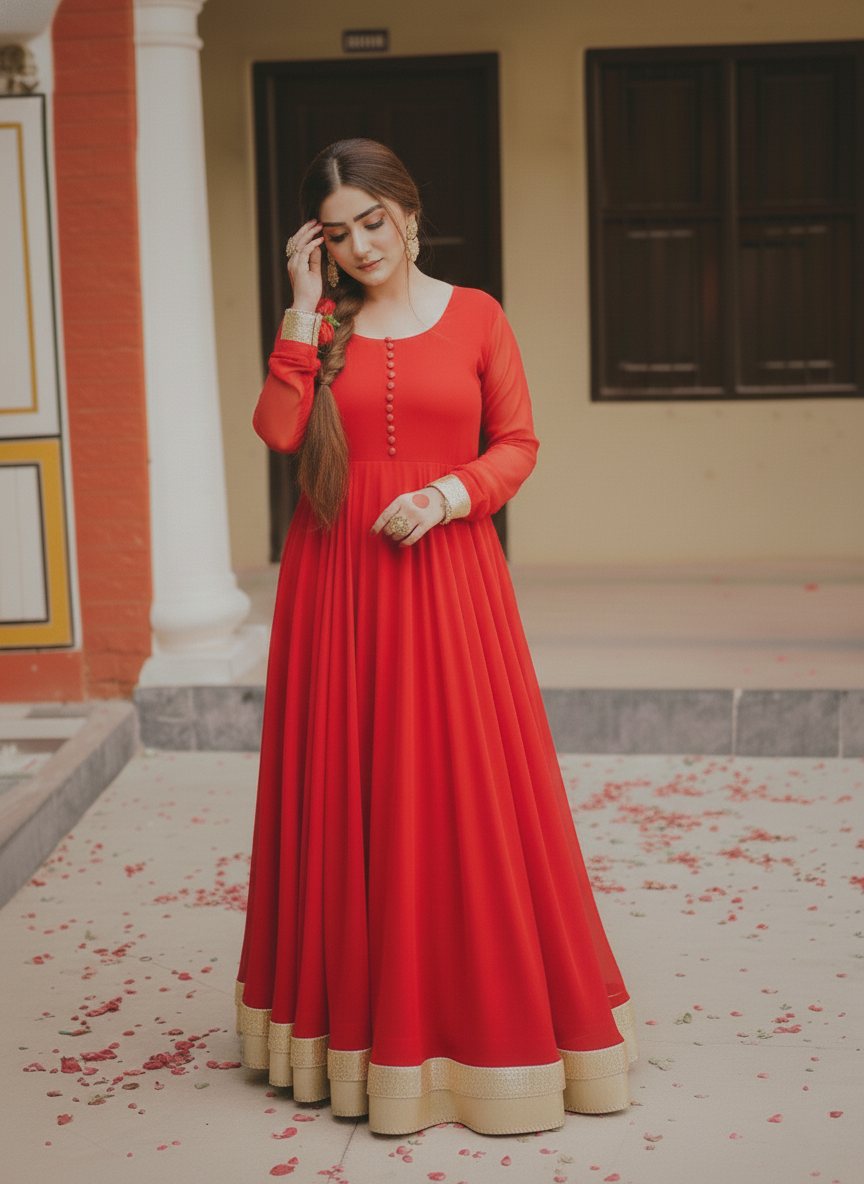 "Arushi" - Red Georgette Full Flare Anarkali Suit Set with Gold Gota