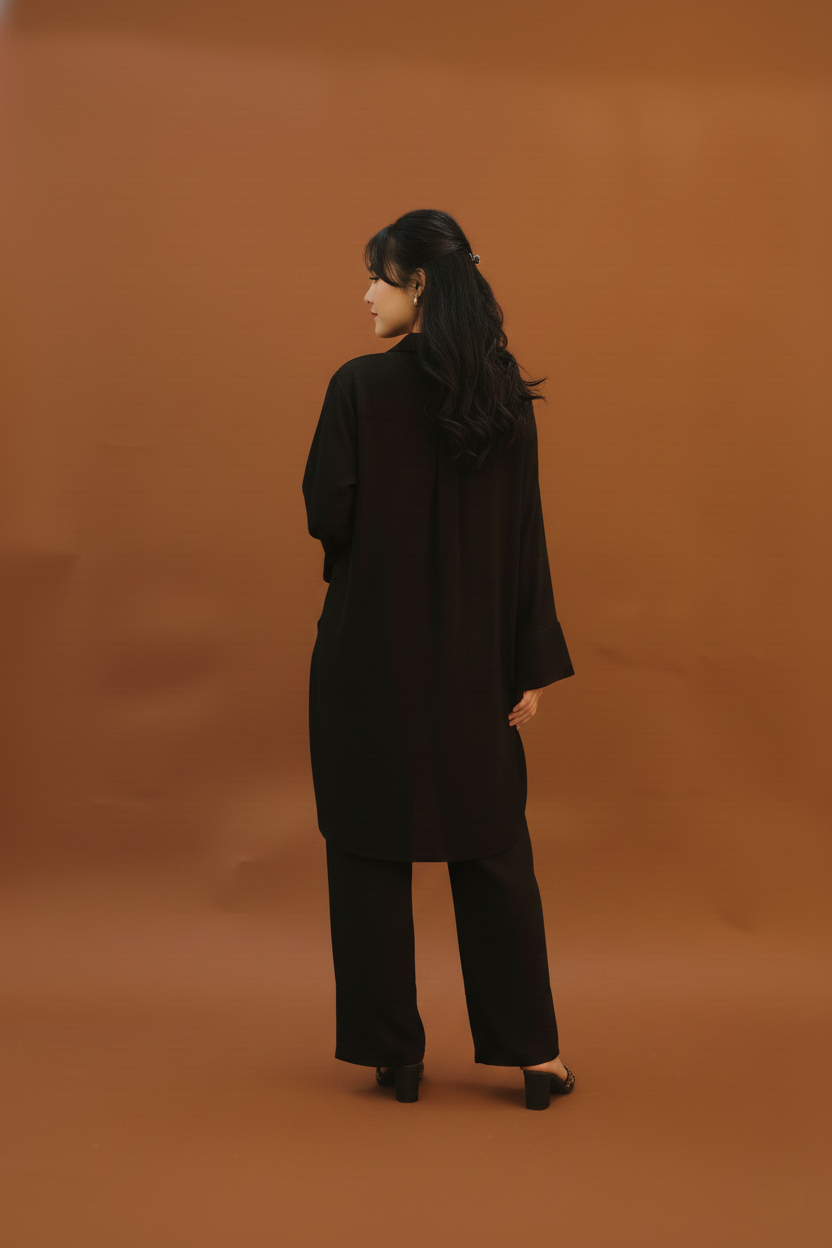 "Nura" – Midnight Black Premium Textured Co-ord Set with High-Low Tunic