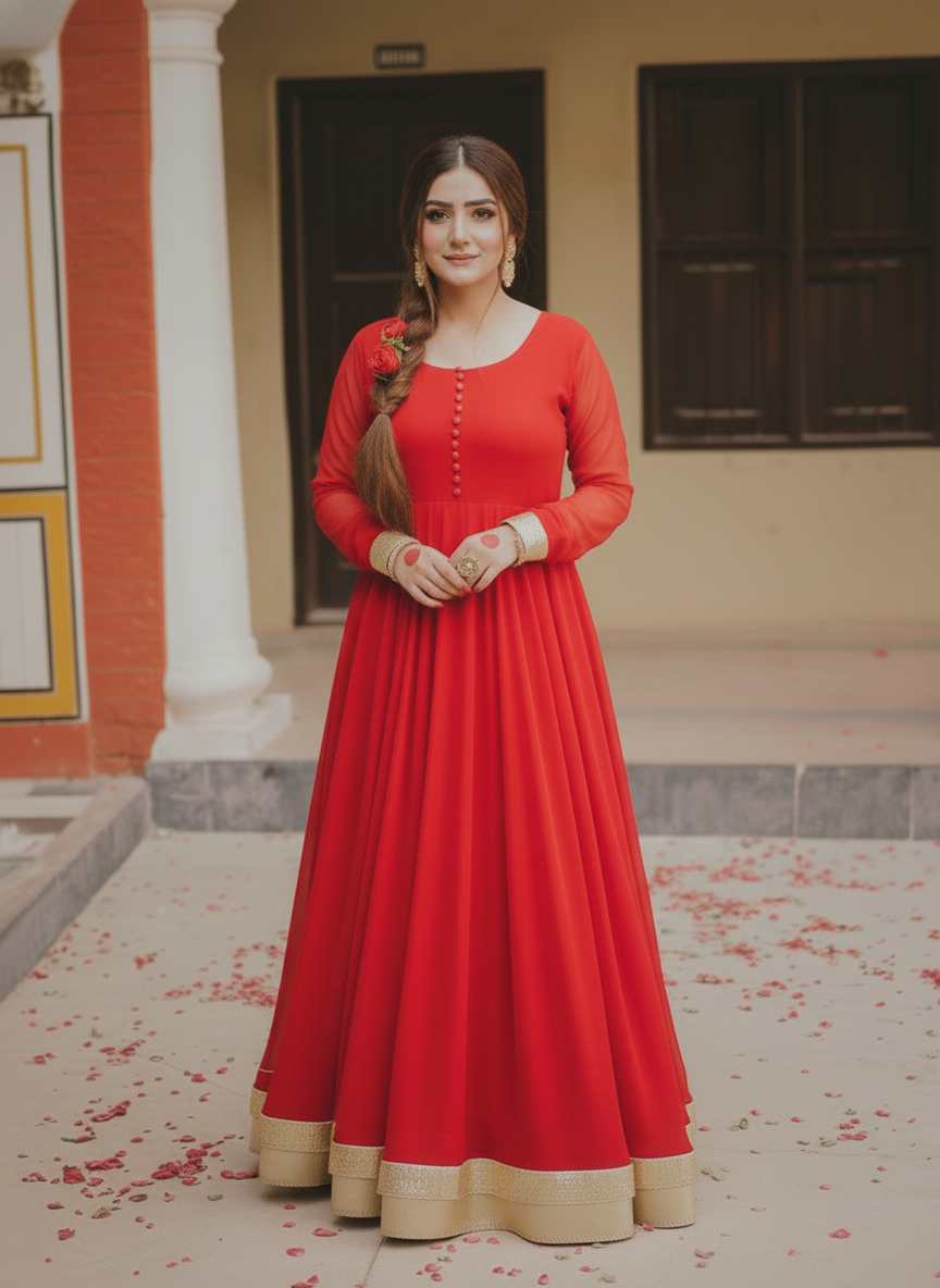 "Arushi" - Red Georgette Full Flare Anarkali Suit Set with Gold Gota