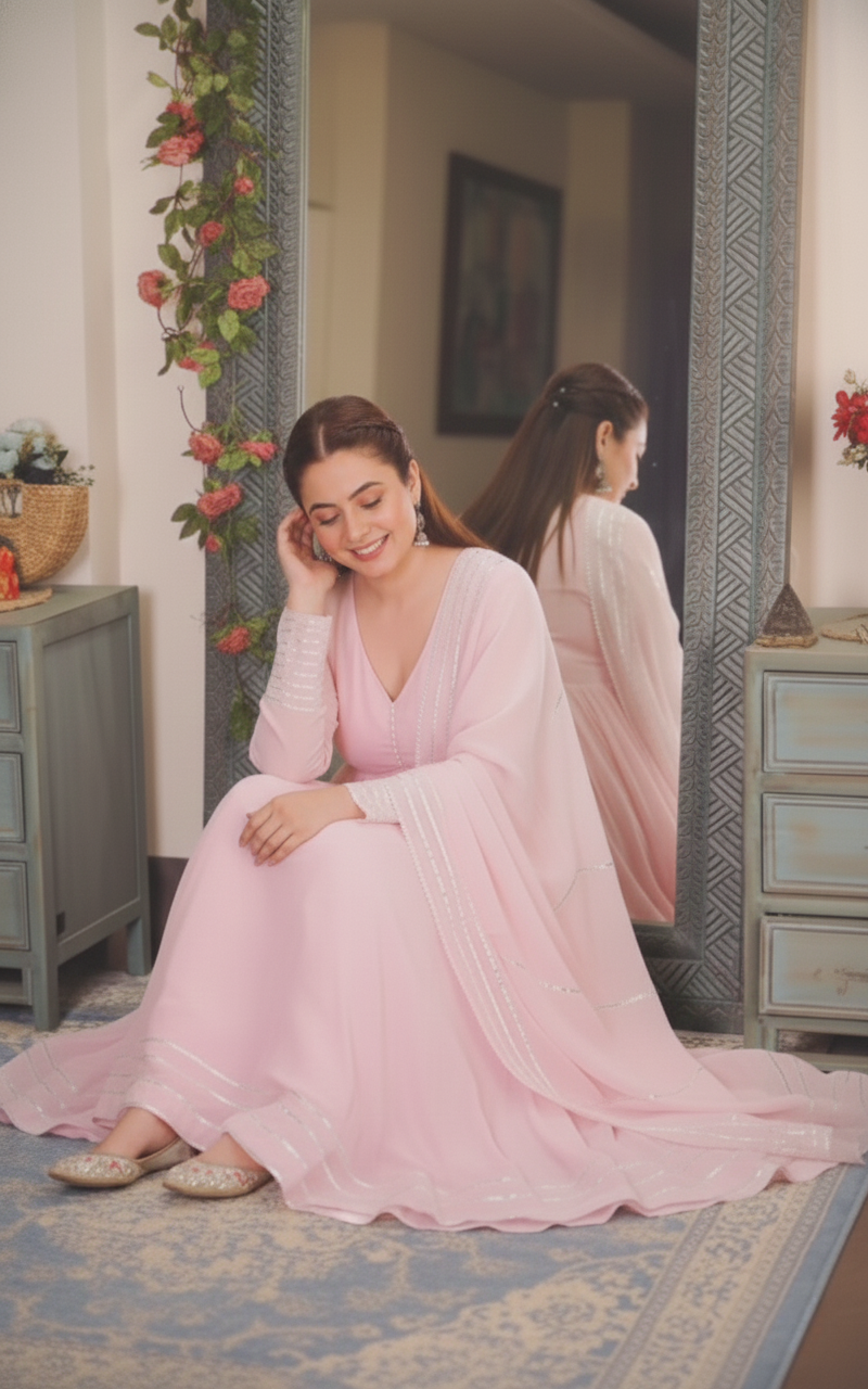 "Utsav" - Mal Cotton Full Flare Anarkali Suit Set with Silver Gota