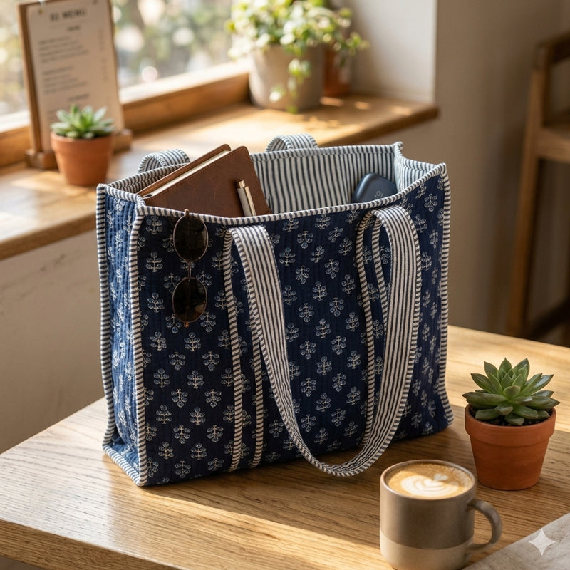 Blue patterned tote bag on a wooden table with a cup of coffee and plants in the background