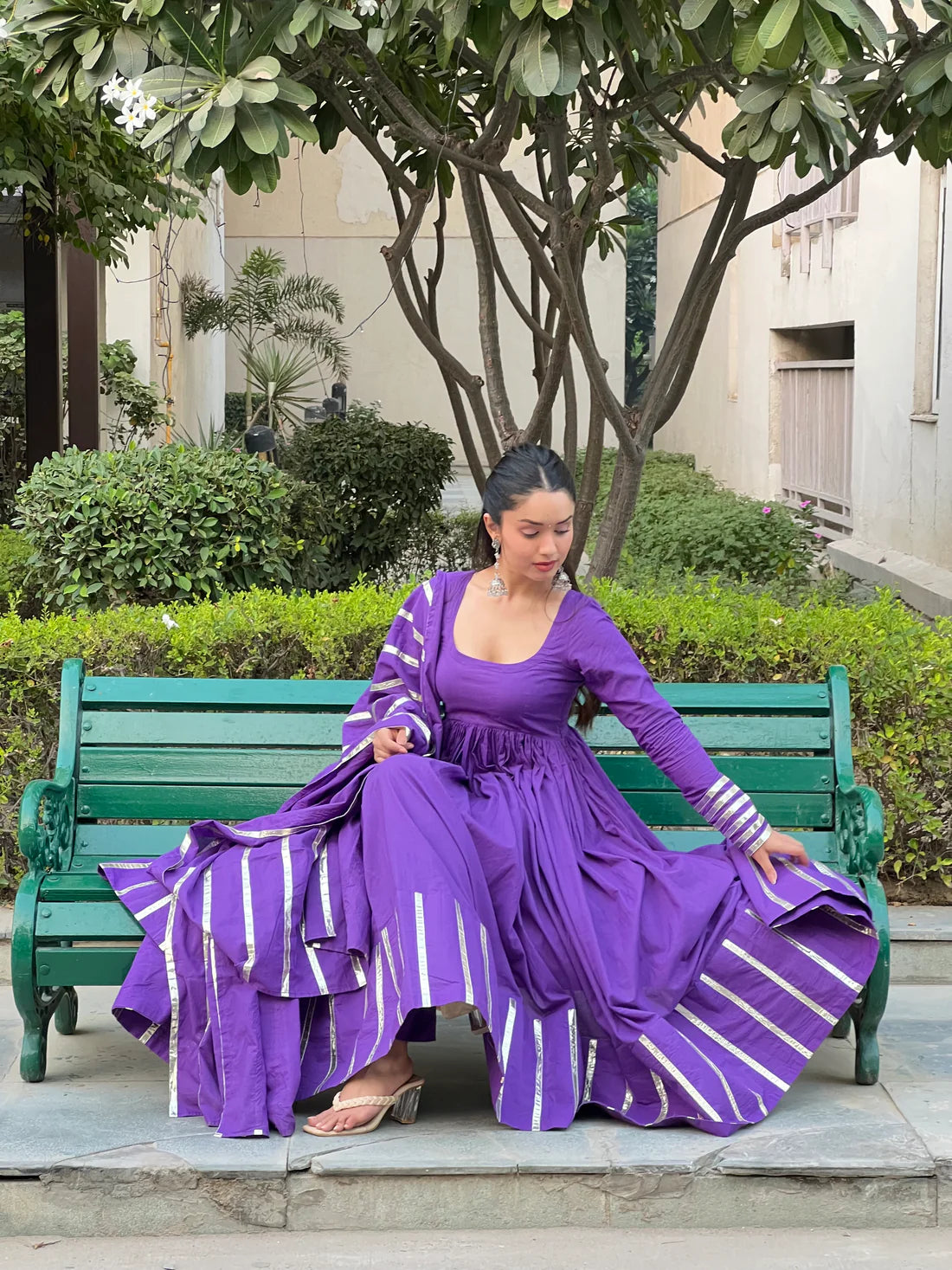 "Nritya" - Mal Cotton Full Flare Anarkali Suit Set with Gota Dupatta