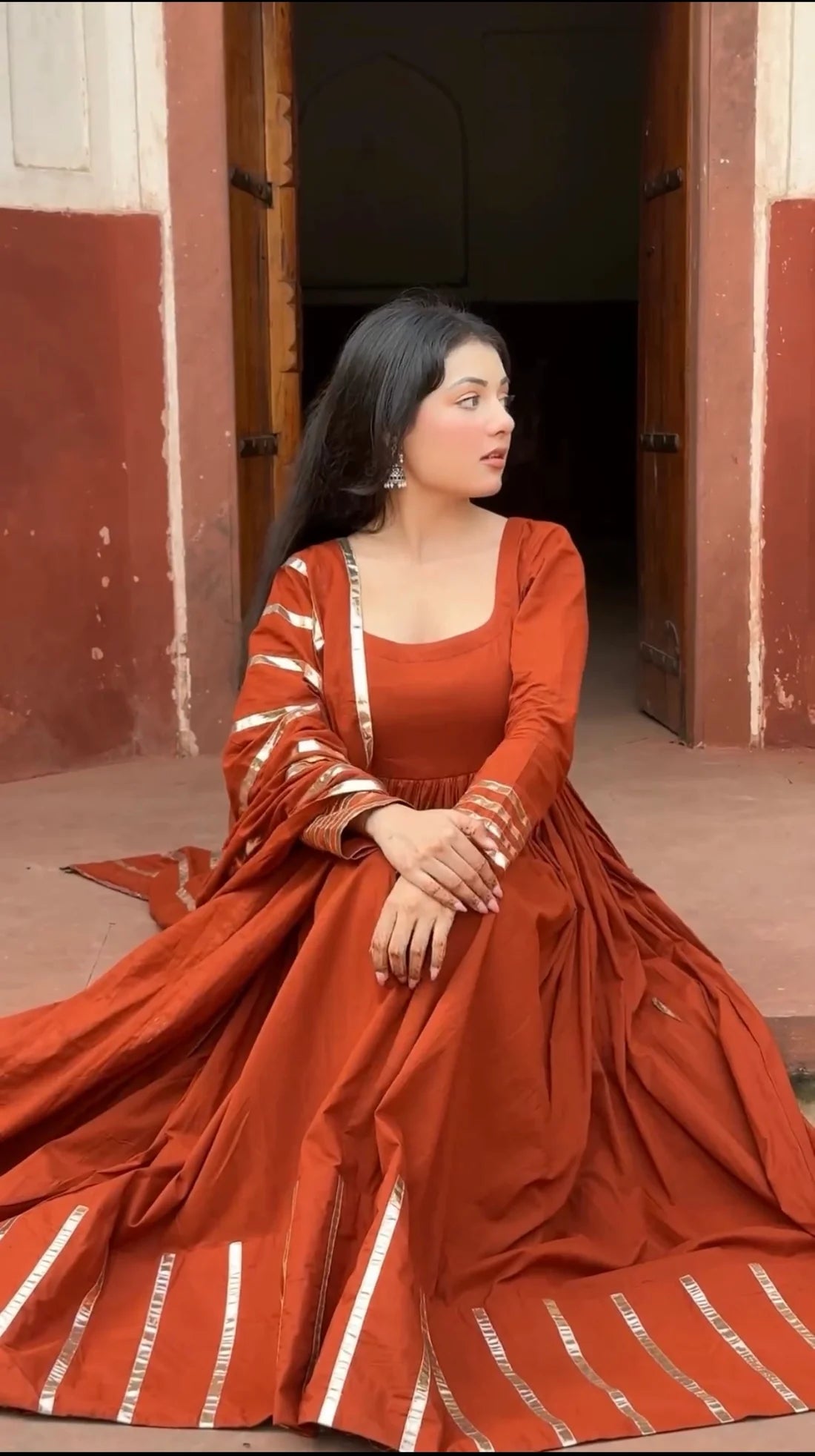 "Nritya" - Mal Cotton Full Flare Anarkali Suit Set with Gota Dupatta