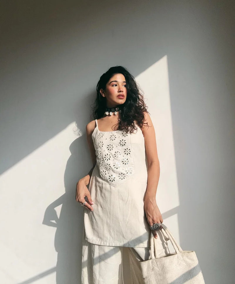 "Aina" - Ivory Breathable Cotton Mirror Work Coord Set