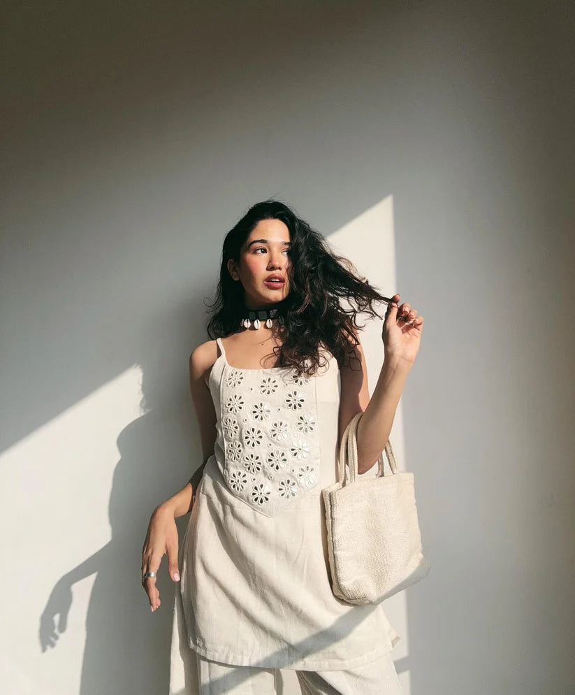 "Aina" - Ivory Breathable Cotton Mirror Work Coord Set