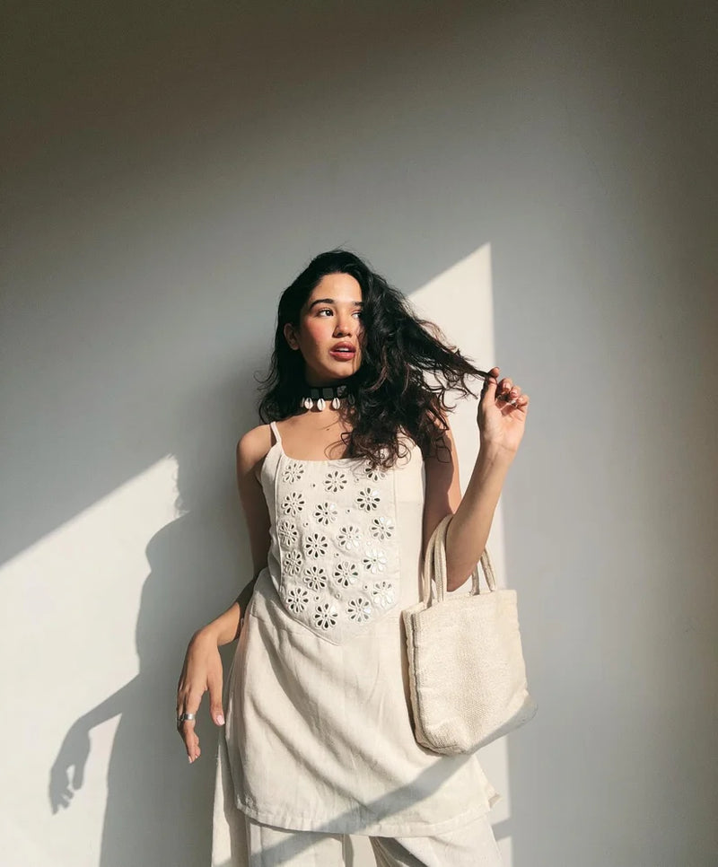 "Aina" - Ivory Breathable Cotton Mirror Work Coord Set