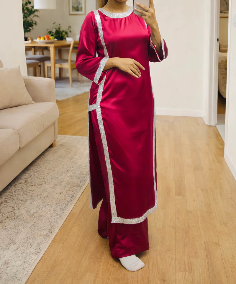 Hania Aamir Inspired Viral Satin Silk Kurta Palazzo Set – Elegant 2 Piece Ethnic Set