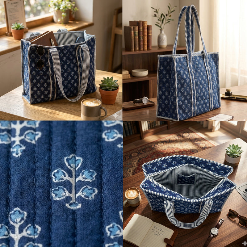 Collage of a blue patterned tote bag in various settings