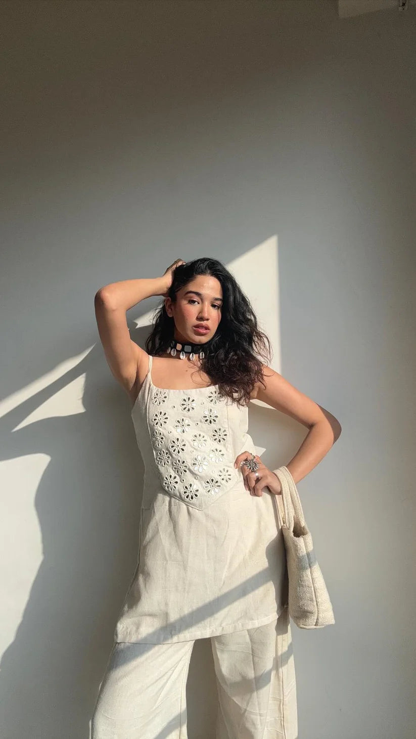 "Aina" - Ivory Breathable Cotton Mirror Work Coord Set