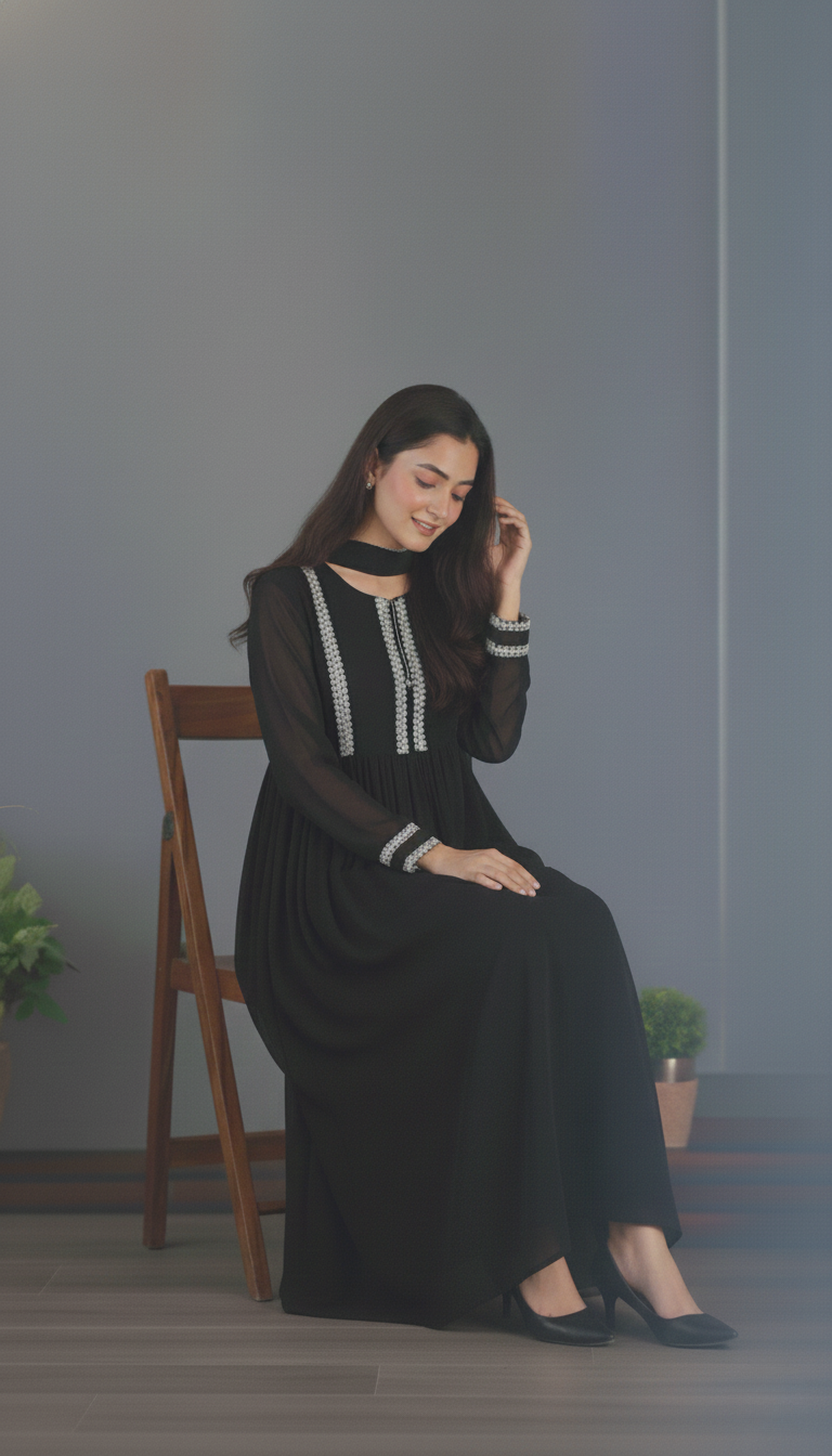 "Shyamaa" - Black Georgette Suit Set with Contrast Threadwork