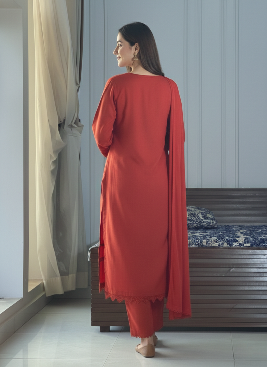 "Seher" — Crimson Red Cotton Dobby Monochromatic Suit Set