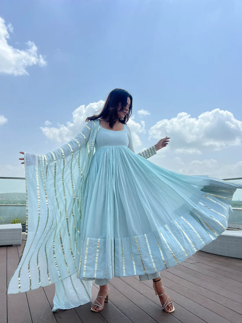 "Nritya" - Mal Cotton Full Flare Anarkali Suit Set with Gota Dupatta
