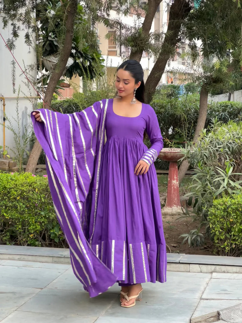"Nritya" - Mal Cotton Full Flare Anarkali Suit Set with Gota Dupatta