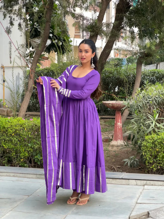 "Nritya" - Mal Cotton Full Flare Anarkali Suit Set with Gota Dupatta