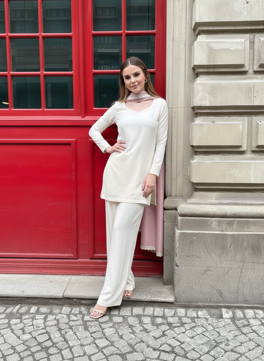 "Ruhani" – Cream Premium Rayon Co-ord Set with Lace-Edged Pink Dupatta