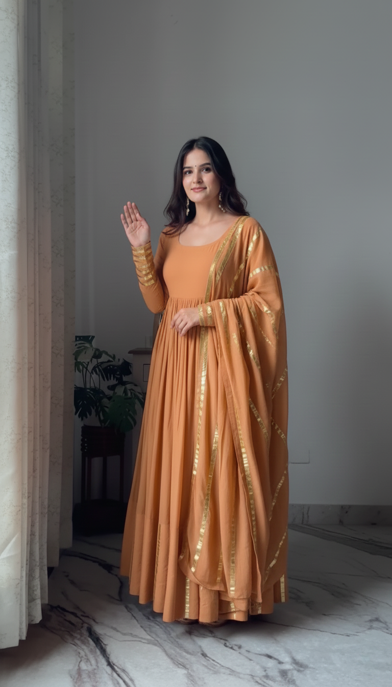 "Nritya" - Mal Cotton Full Flare Anarkali Suit Set with Gota Dupatta