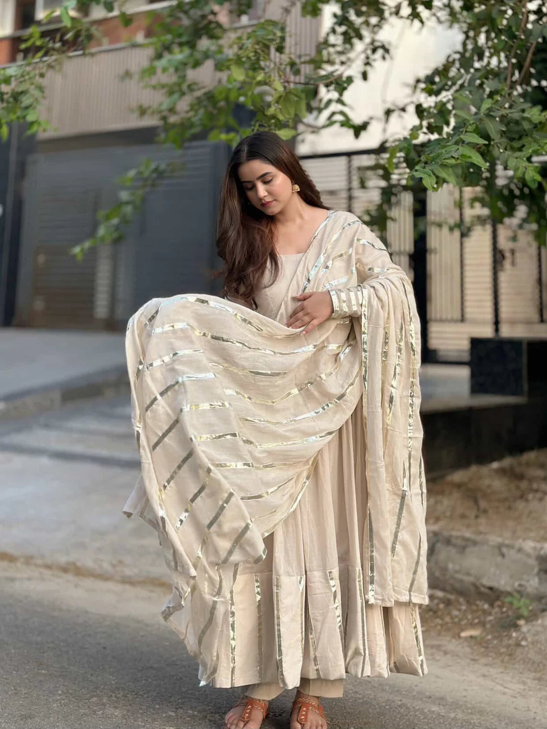 "Nritya" - Mal Cotton Full Flare Anarkali Suit Set with Gota Dupatta