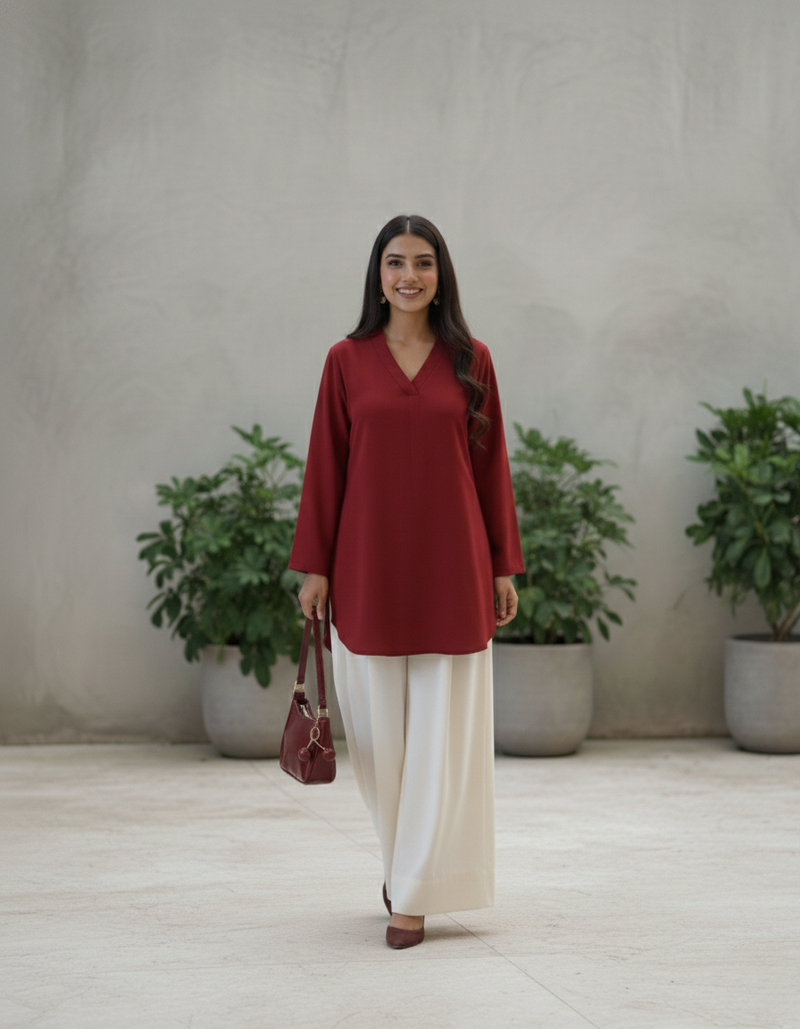 "Sia" — Crimson Red Premium Rayon Minimalist Co-ord Set