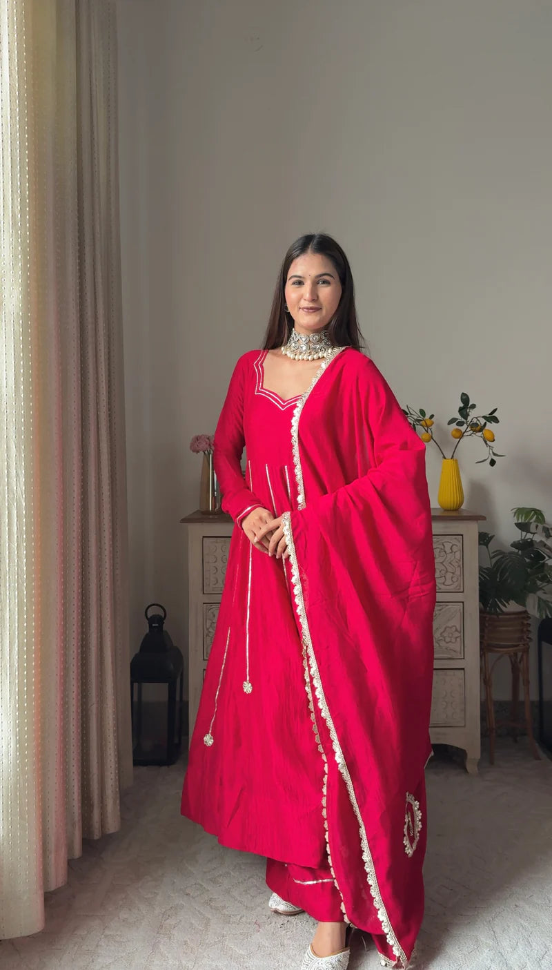 "Jyotsna" - Vibrant Red Full Flare Anarkali Suit Set with Gold Gota