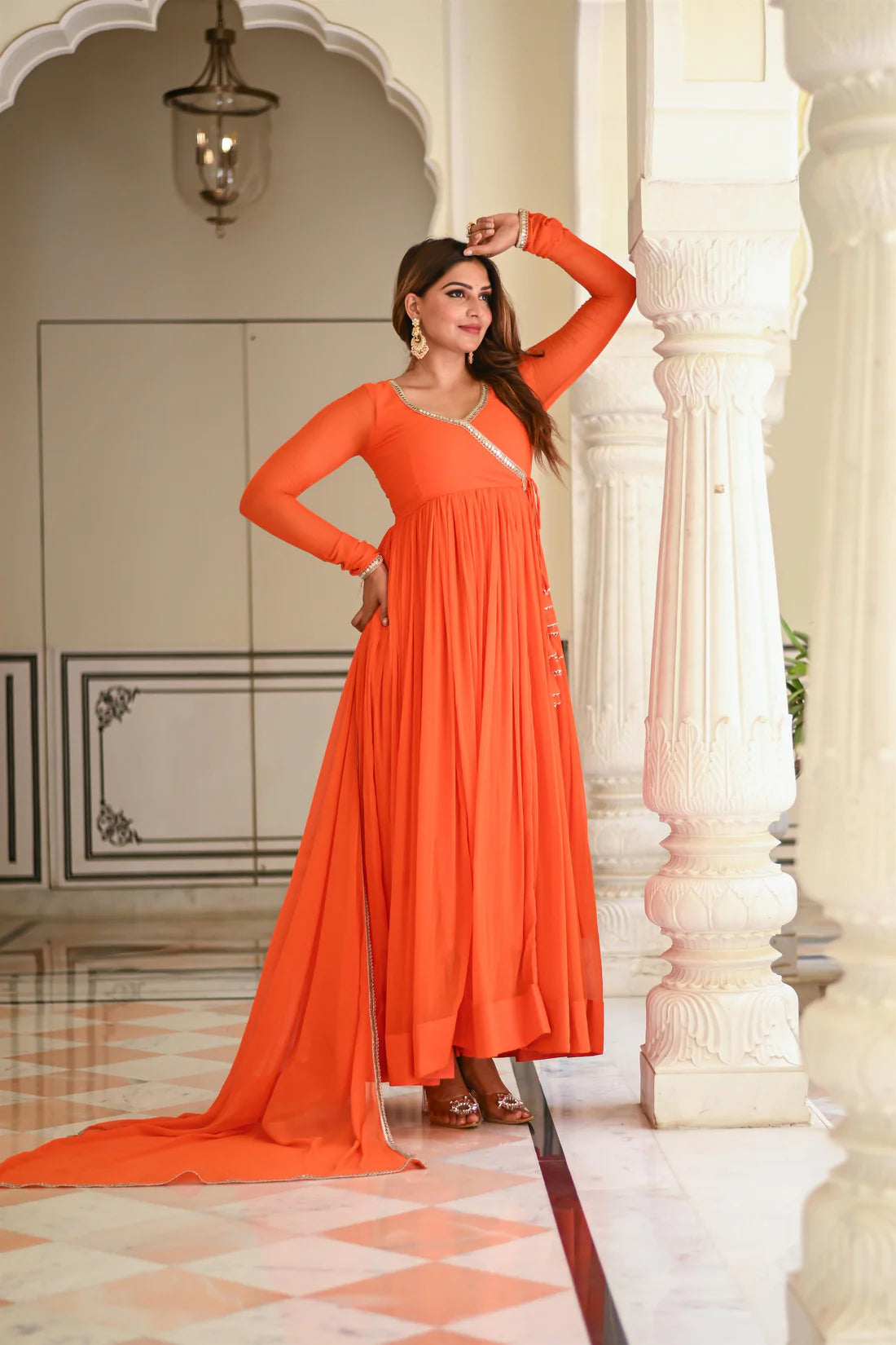 "Tejashri" - Vibrant Orange Chiffon Anarkali Suit Set