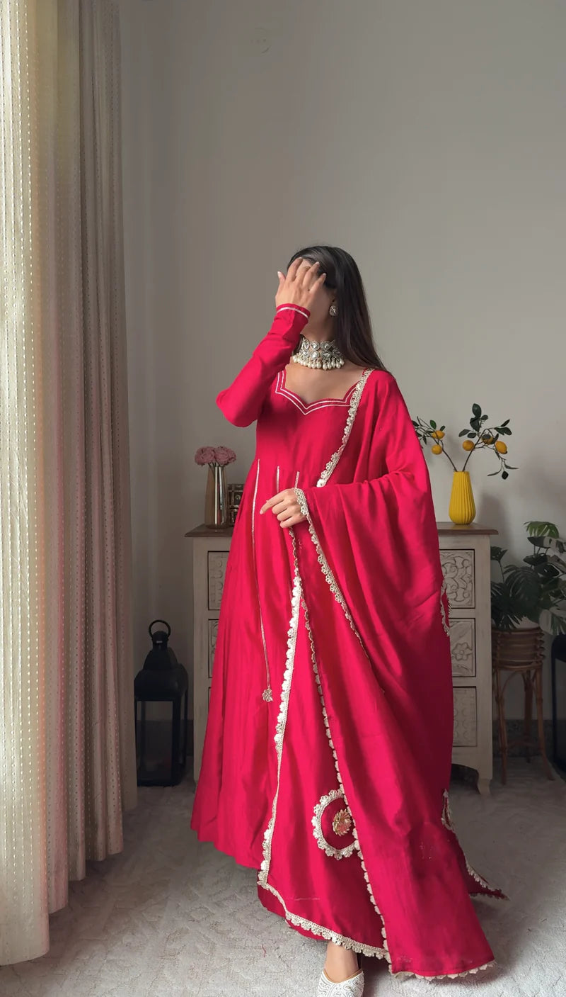 "Jyotsna" - Vibrant Red Full Flare Anarkali Suit Set with Gold Gota