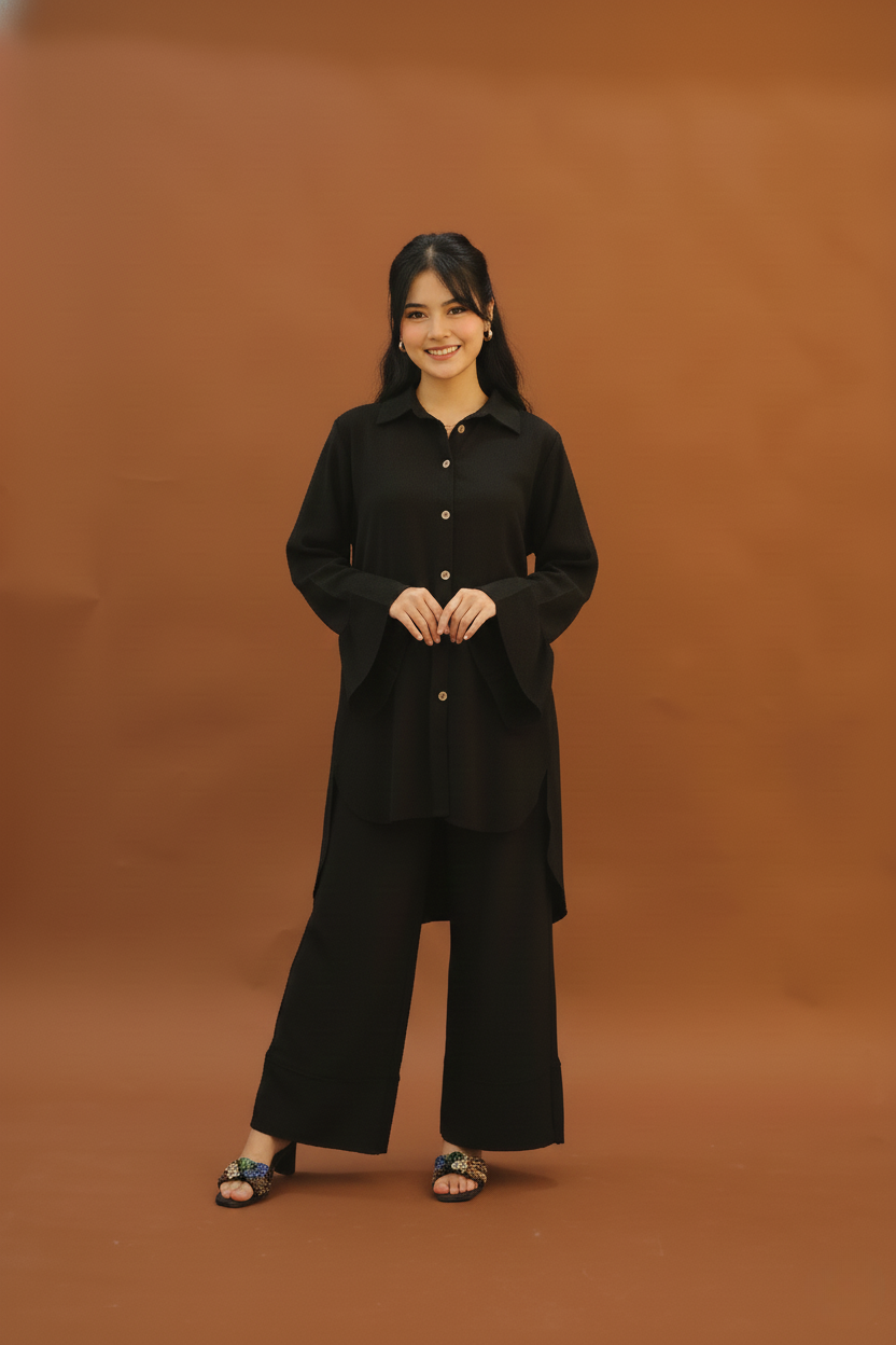 "Nura" – Midnight Black Premium Textured Co-ord Set with High-Low Tunic