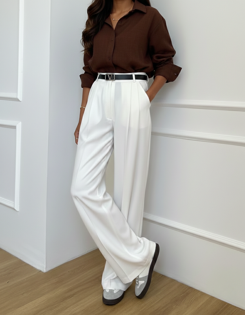 "Shanaya" — Chocolate Brown Shirt & White Trouser Set