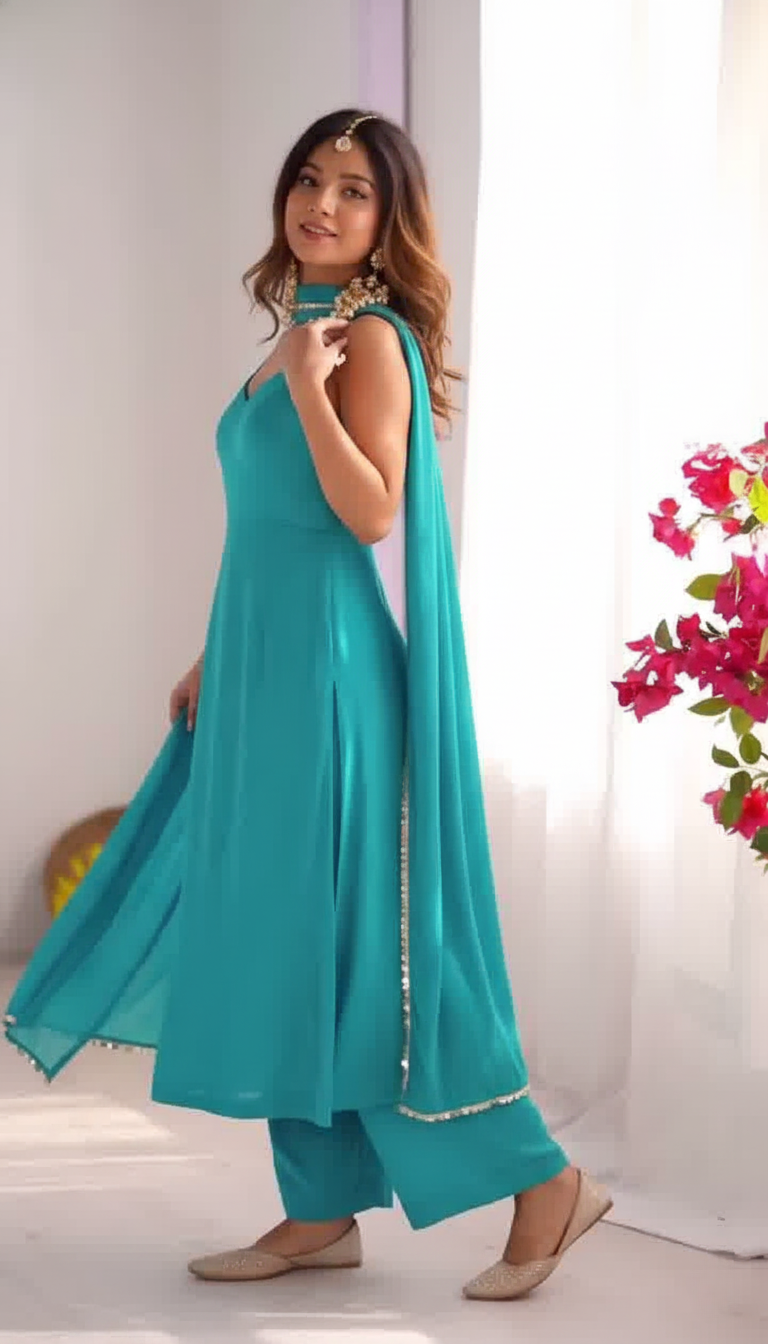 "Indira" - Teal Festive Suit Set with Palazzo and Dupatta